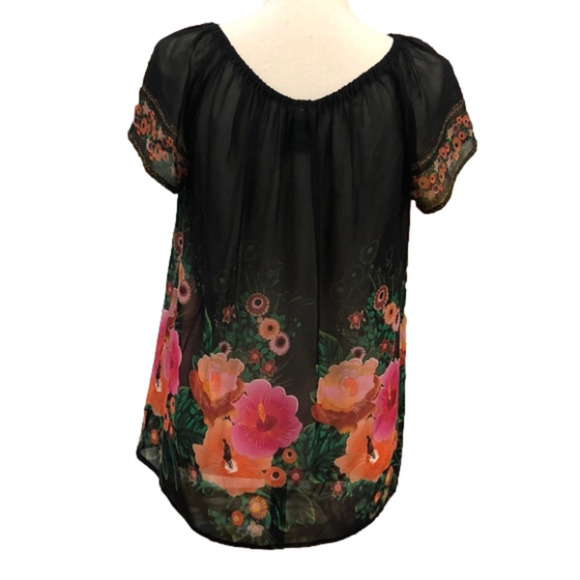Anthropologie FEI Hibiscus Floral Pattern Sheer Silk Black Peasant Blouse M - Picture 9 of 11